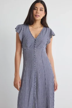 Among the Brave Flawless Navy Gingham Fluted Sleeve Button Front Midi Dress