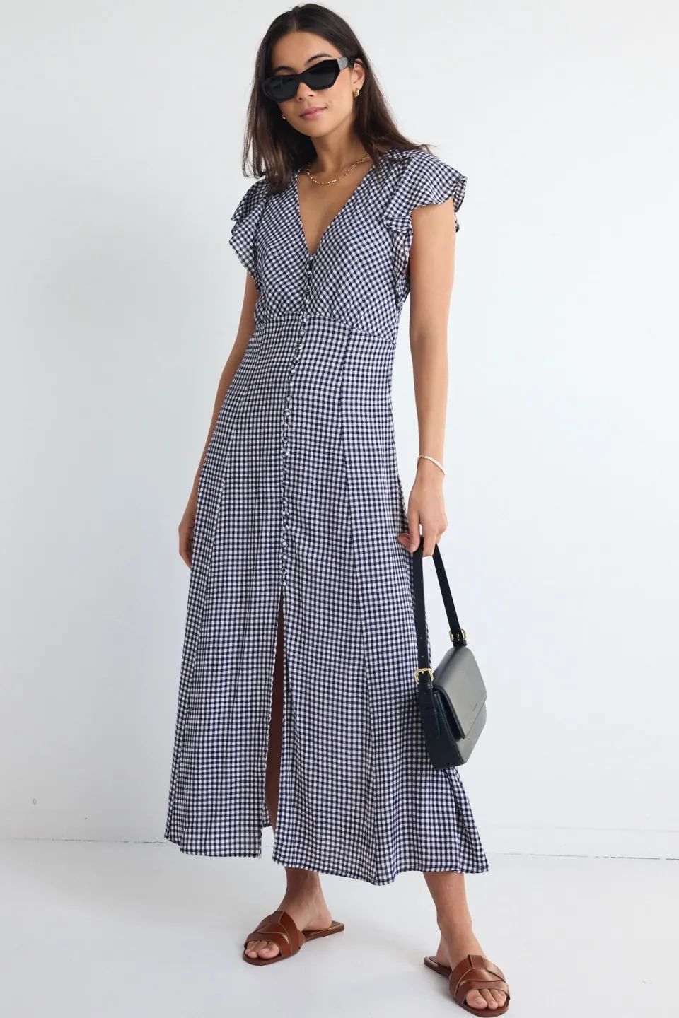 Among the Brave Flawless Navy Gingham Fluted Sleeve Button Front Midi Dress