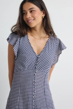 Among the Brave Flawless Navy Gingham Fluted Sleeve Button Front Midi Dress