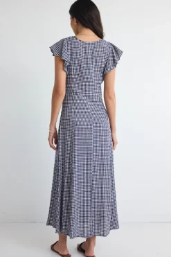 Among the Brave Flawless Navy Gingham Fluted Sleeve Button Front Midi Dress