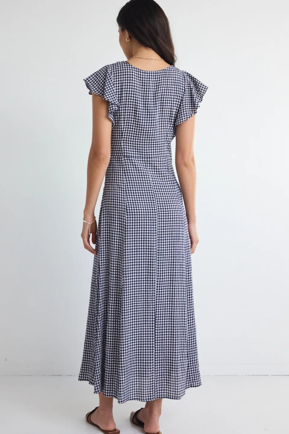 Among the Brave Flawless Navy Gingham Fluted Sleeve Button Front Midi Dress