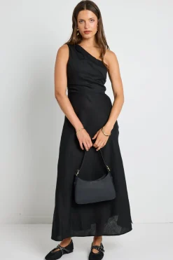 Georgia Mae Flirt Black One Shoulder Tuck Midi Dress