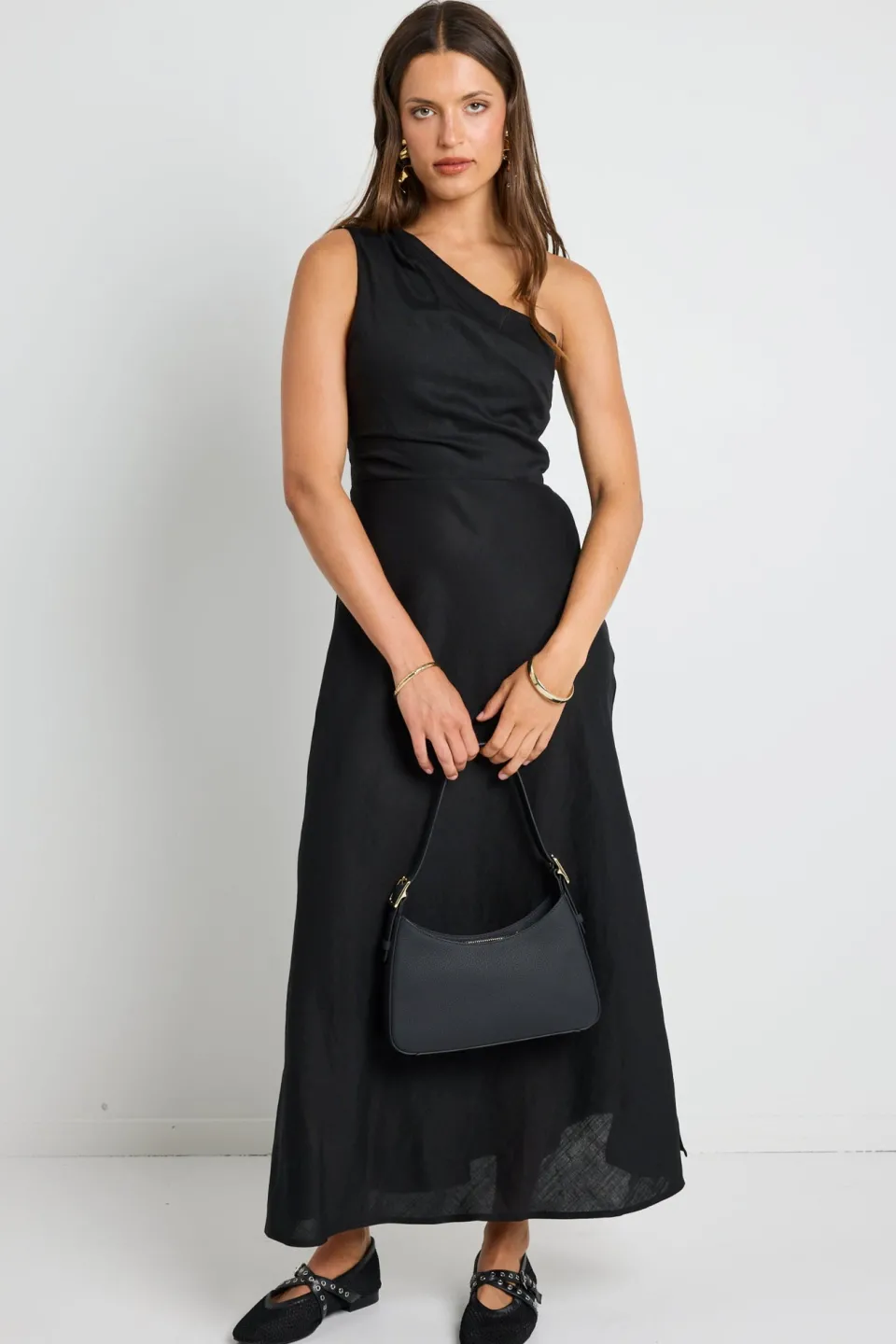 Georgia Mae Flirt Black One Shoulder Tuck Midi Dress