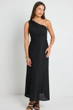 Georgia Mae Flirt Black One Shoulder Tuck Midi Dress