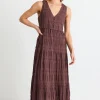 Ivy + Jack Flora Chocolate V Neck Tie Front Sleeveless Tiered Maxi Dress