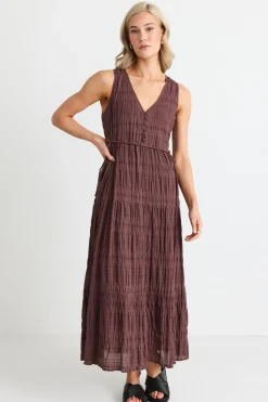 Ivy + Jack Flora Chocolate V Neck Tie Front Sleeveless Tiered Maxi Dress
