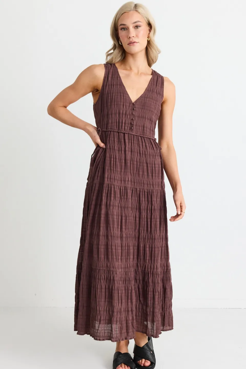Ivy + Jack Flora Chocolate V Neck Tie Front Sleeveless Tiered Maxi Dress