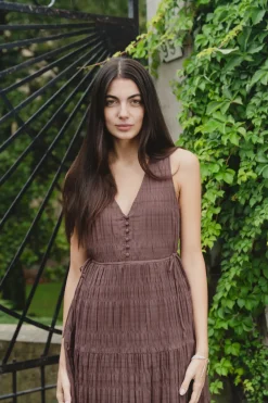 Ivy + Jack Flora Chocolate V Neck Tie Front Sleeveless Tiered Maxi Dress