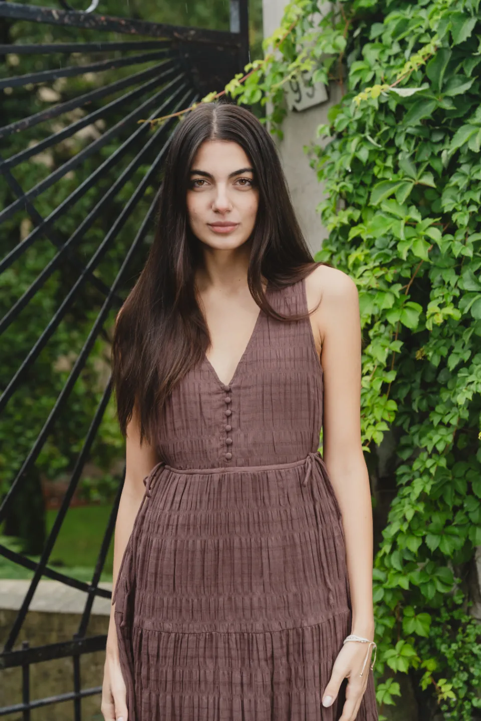 Ivy + Jack Flora Chocolate V Neck Tie Front Sleeveless Tiered Maxi Dress