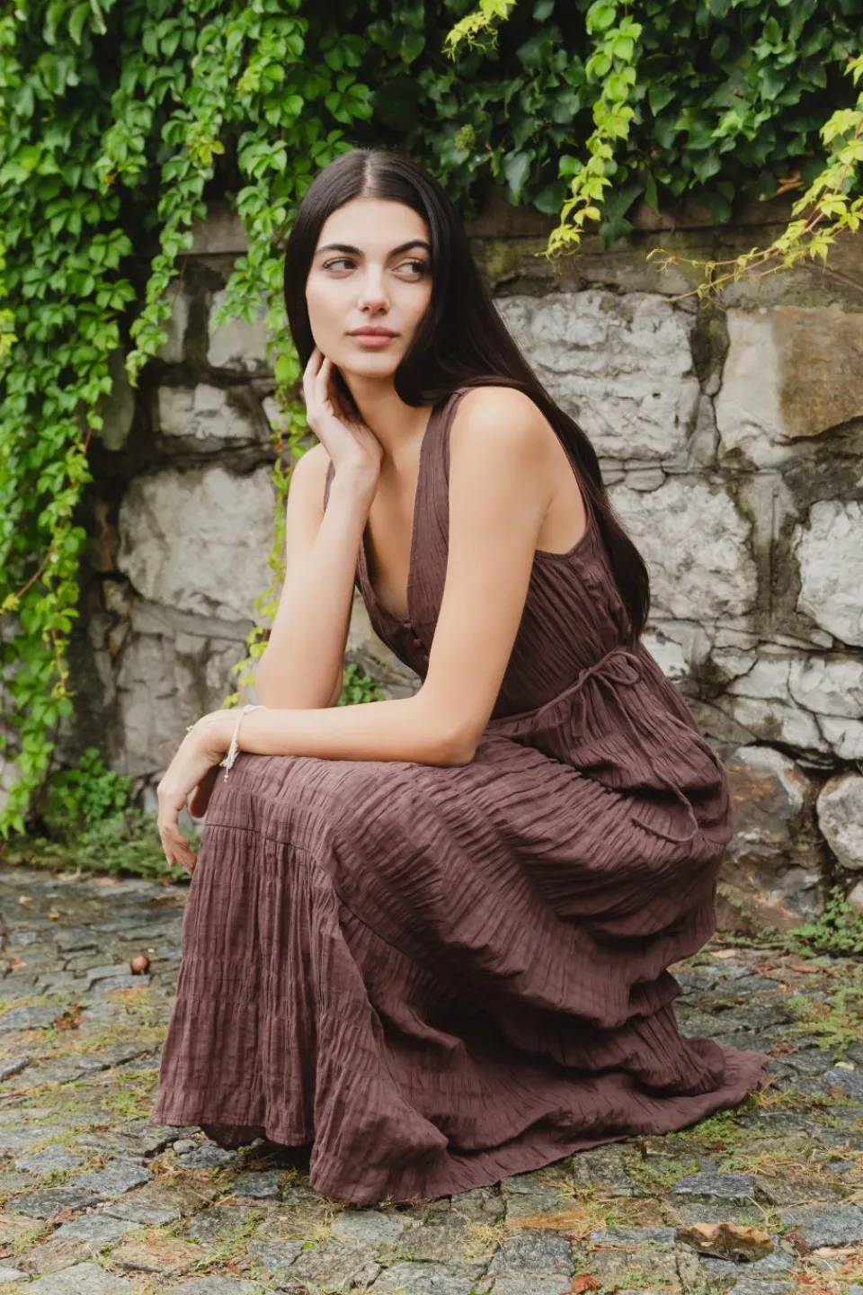 Ivy + Jack Flora Chocolate V Neck Tie Front Sleeveless Tiered Maxi Dress