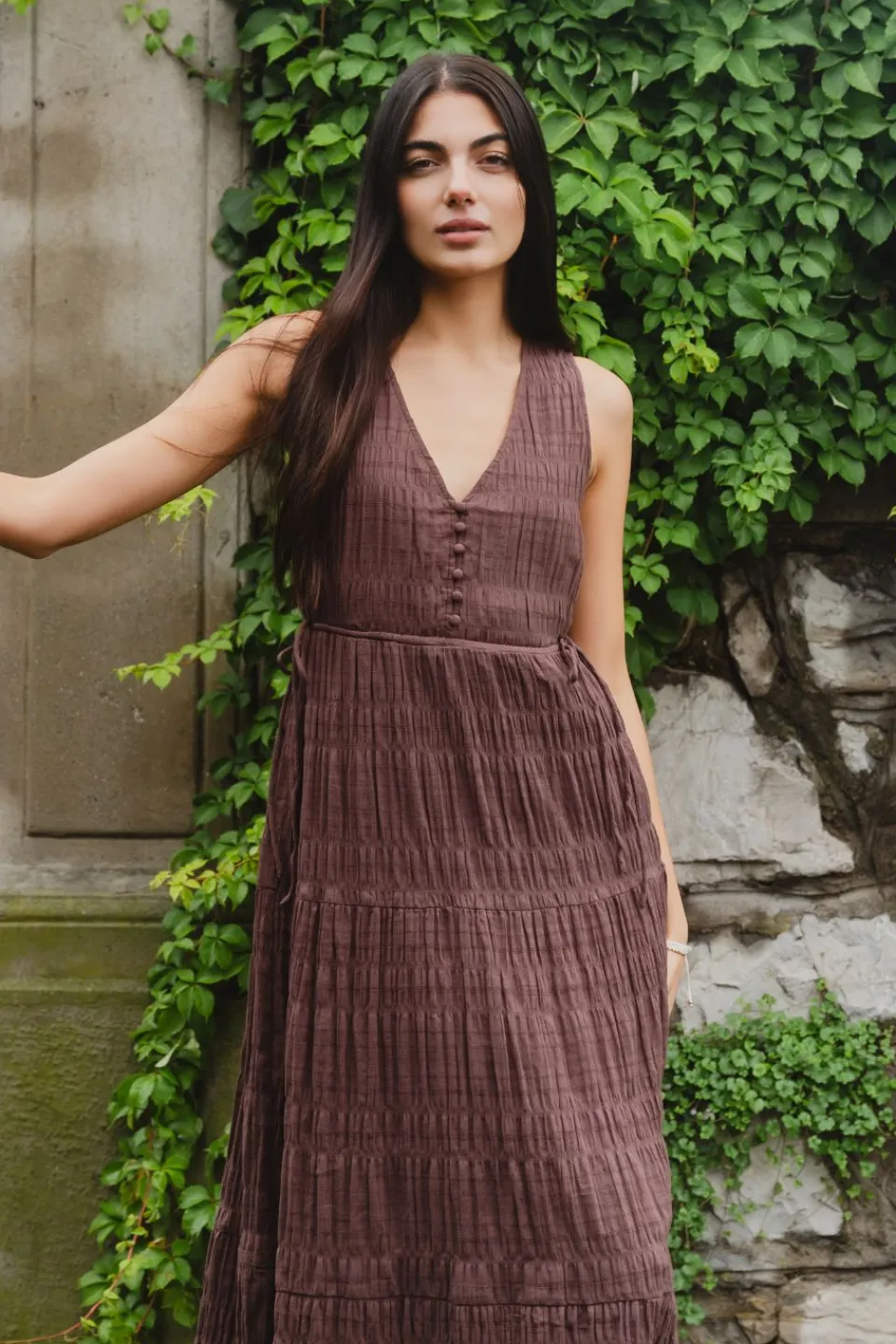 Ivy + Jack Flora Chocolate V Neck Tie Front Sleeveless Tiered Maxi Dress