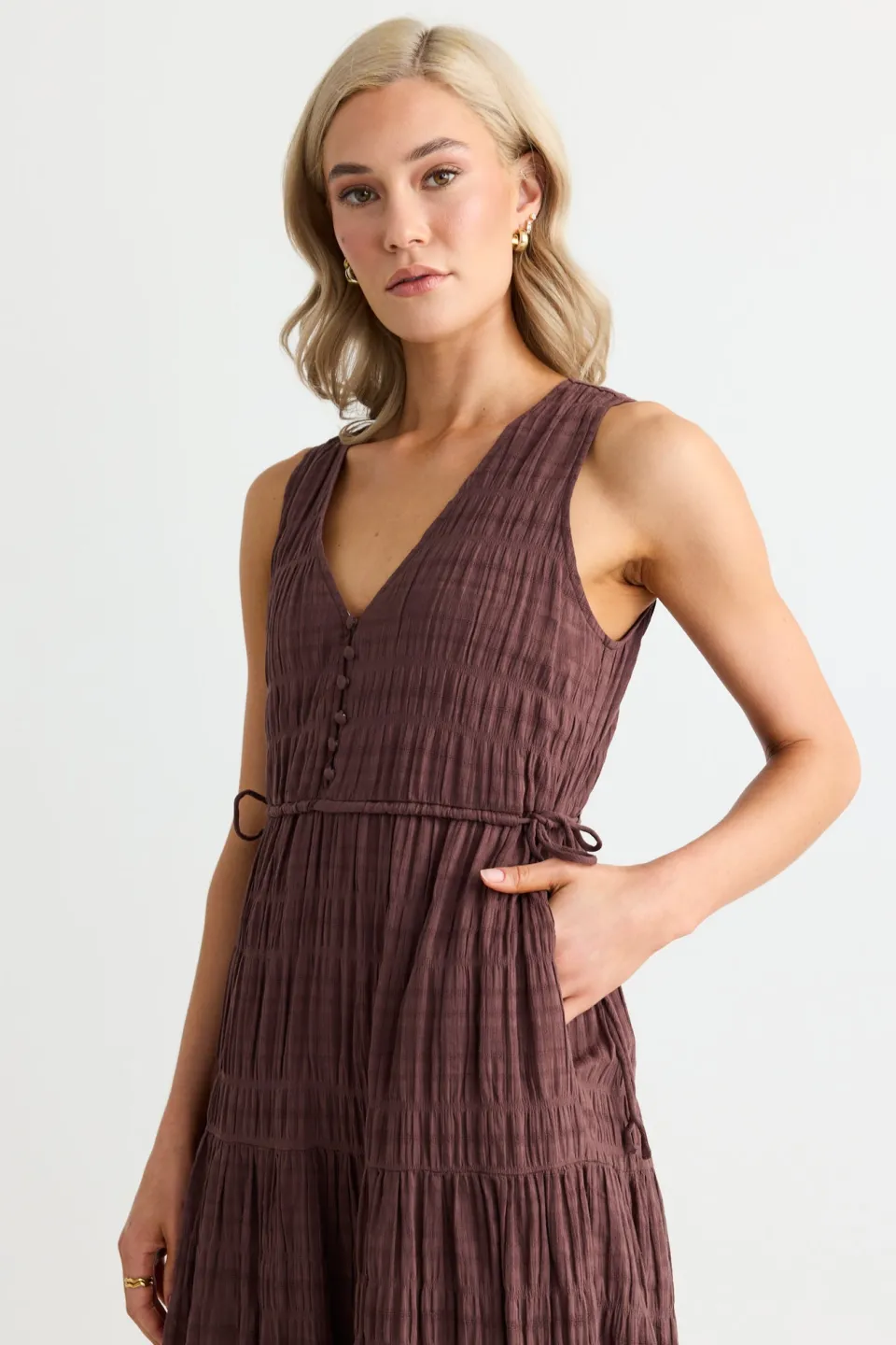 Ivy + Jack Flora Chocolate V Neck Tie Front Sleeveless Tiered Maxi Dress