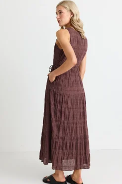 Ivy + Jack Flora Chocolate V Neck Tie Front Sleeveless Tiered Maxi Dress