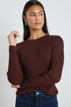 Among the Brave Fragment Chocolate Sheer Rib LS Knit Top