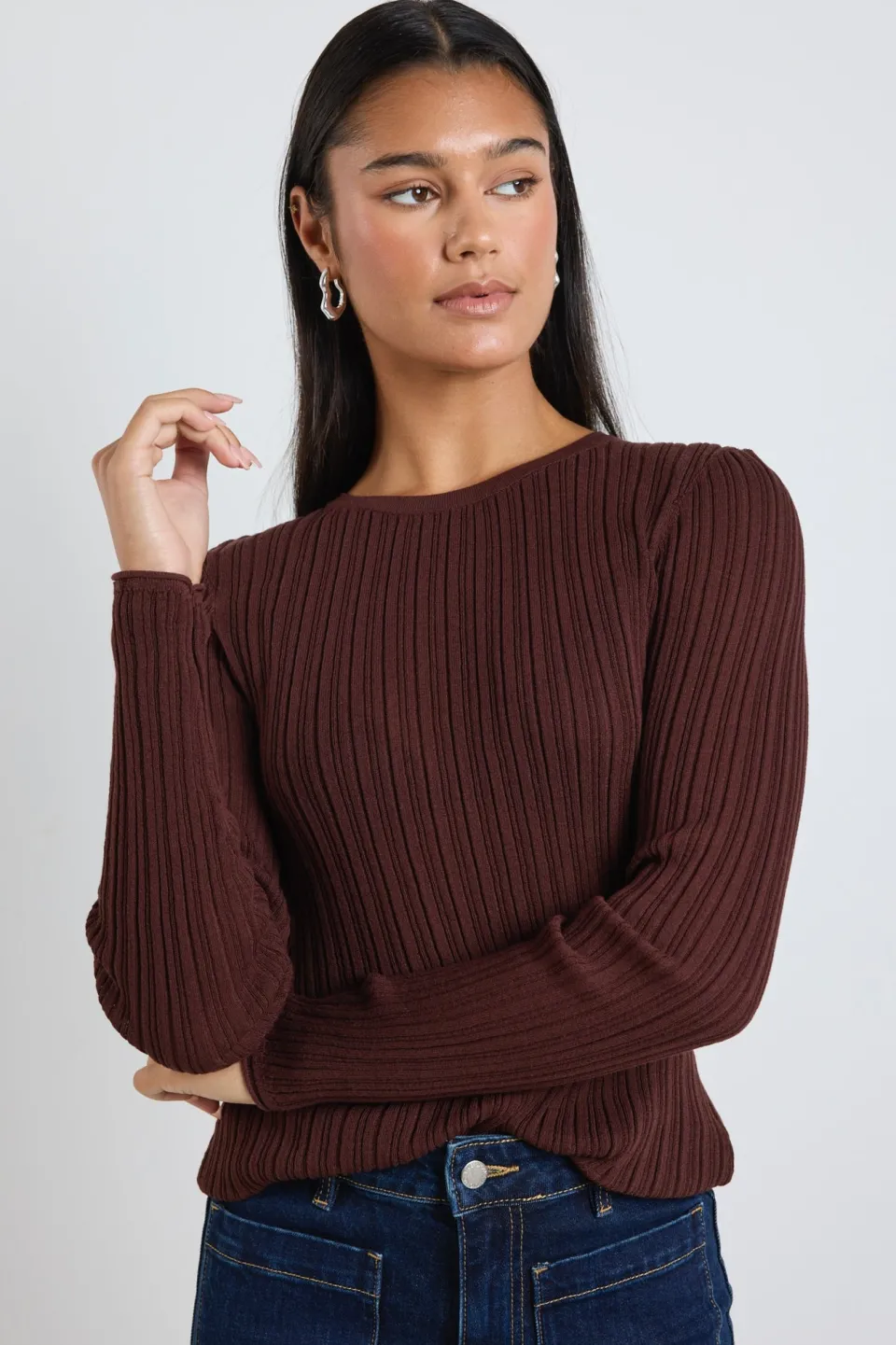 Among the Brave Fragment Chocolate Sheer Rib LS Knit Top