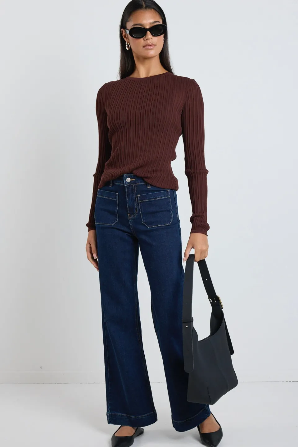 Among the Brave Fragment Chocolate Sheer Rib LS Knit Top