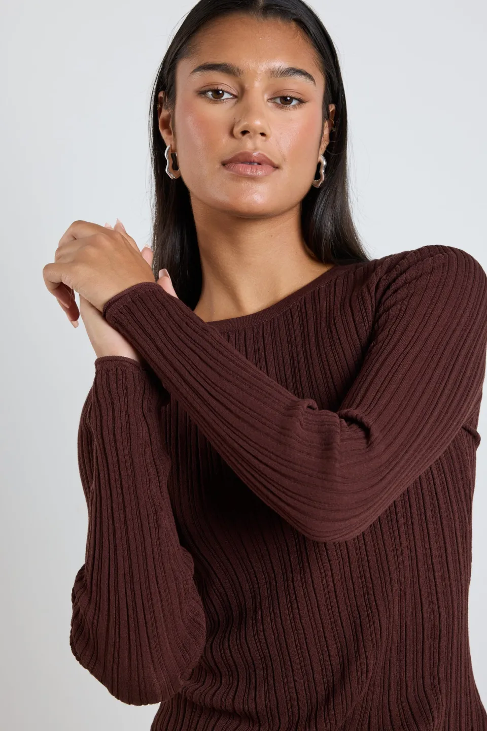 Among the Brave Fragment Chocolate Sheer Rib LS Knit Top