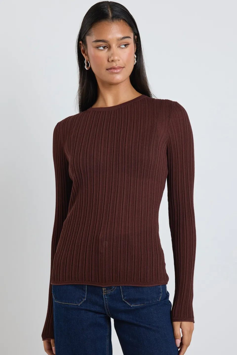 Among the Brave Fragment Chocolate Sheer Rib LS Knit Top