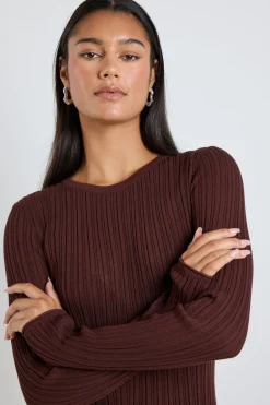 Among the Brave Fragment Chocolate Sheer Rib LS Knit Top