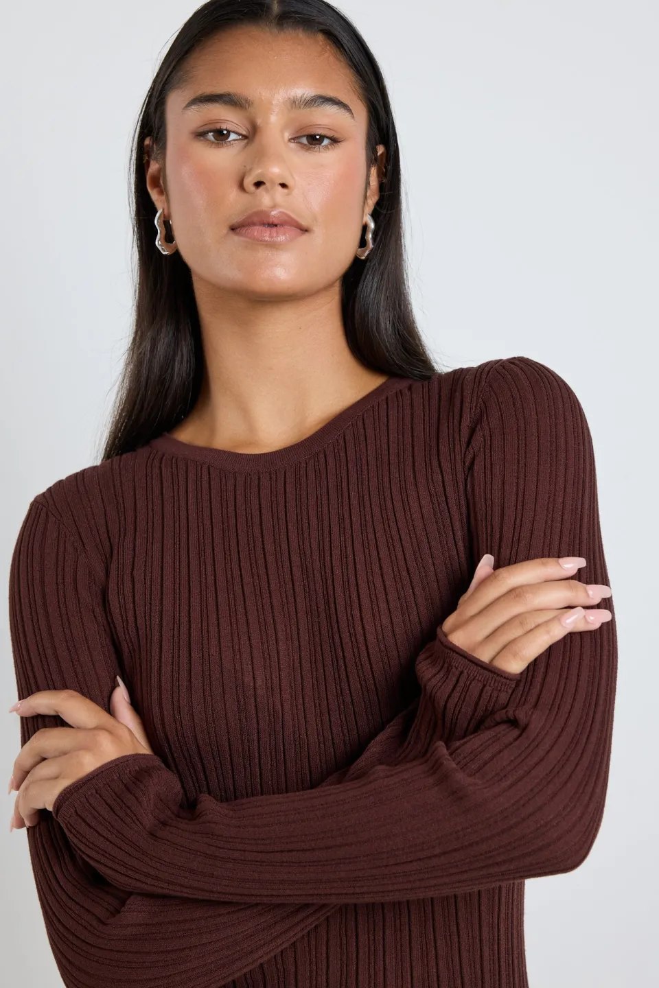 Among the Brave Fragment Chocolate Sheer Rib LS Knit Top