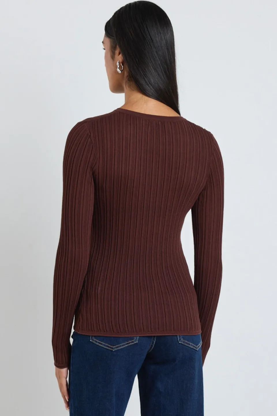 Among the Brave Fragment Chocolate Sheer Rib LS Knit Top