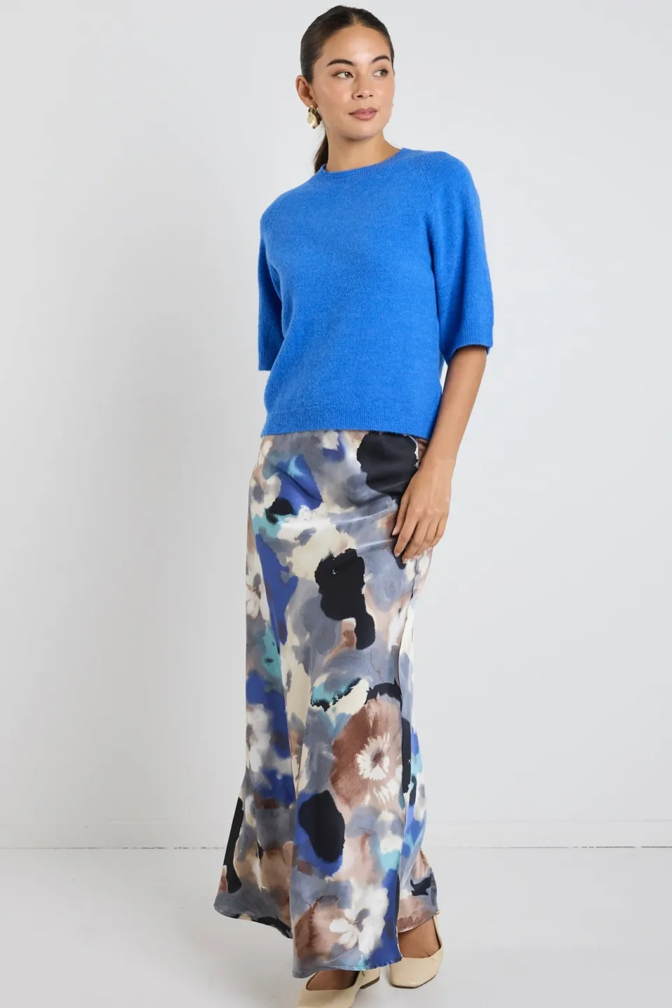 Among the Brave Frantic Navy Multi Watercolour Satin Bias Maxi Skirt