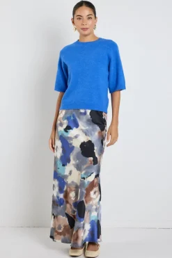Among the Brave Frantic Navy Multi Watercolour Satin Bias Maxi Skirt