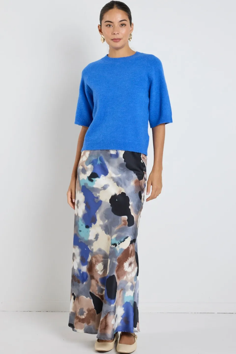 Among the Brave Frantic Navy Multi Watercolour Satin Bias Maxi Skirt