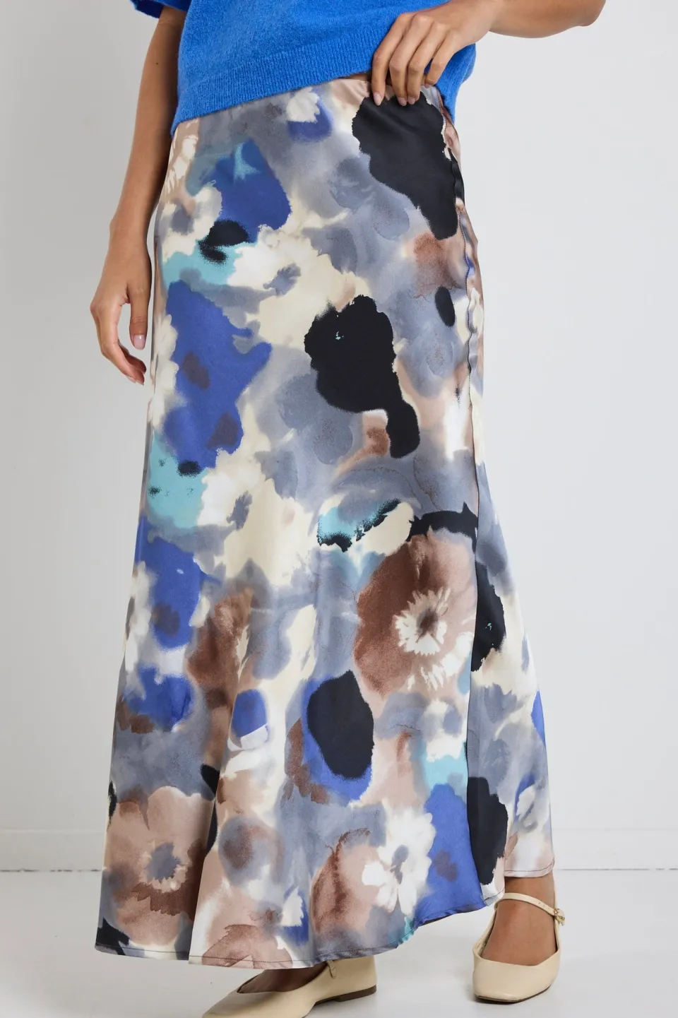 Among the Brave Frantic Navy Multi Watercolour Satin Bias Maxi Skirt