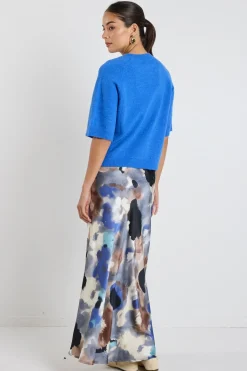Among the Brave Frantic Navy Multi Watercolour Satin Bias Maxi Skirt