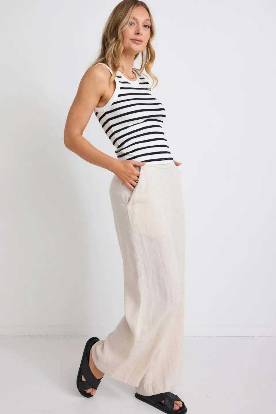 RE:UNION Label Freedom Natural Linen Zip Back Wide Leg Pant