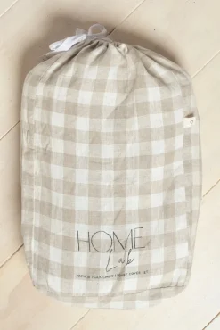 Home Lab 100% French Flax Linen Reversible Duvet Cover Set - Natural Gingham - King