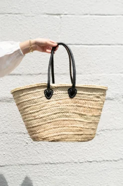 Epicure French Market Basket Bag with Deluxe Charcoal Leather Handle