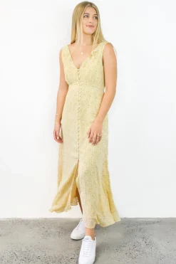 Among the Brave Frill Seeker Golden Ditsy Fleck Georgette Button Front Ruffle Neck Midi Dress