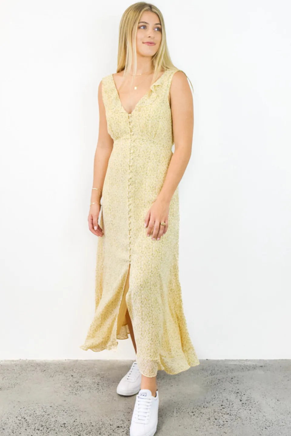 Among the Brave Frill Seeker Golden Ditsy Fleck Georgette Button Front Ruffle Neck Midi Dress