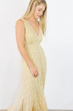 Among the Brave Frill Seeker Golden Ditsy Fleck Georgette Button Front Ruffle Neck Midi Dress