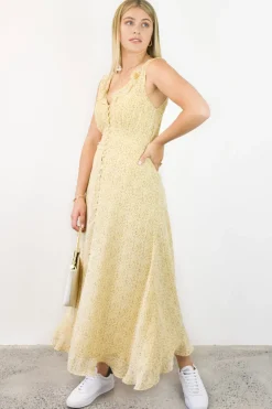 Among the Brave Frill Seeker Golden Ditsy Fleck Georgette Button Front Ruffle Neck Midi Dress