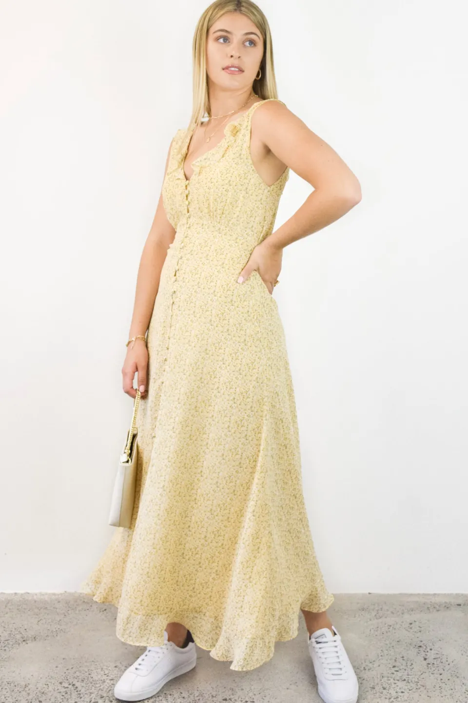 Among the Brave Frill Seeker Golden Ditsy Fleck Georgette Button Front Ruffle Neck Midi Dress