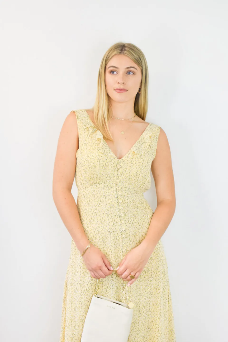 Among the Brave Frill Seeker Golden Ditsy Fleck Georgette Button Front Ruffle Neck Midi Dress