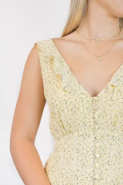 Among the Brave Frill Seeker Golden Ditsy Fleck Georgette Button Front Ruffle Neck Midi Dress