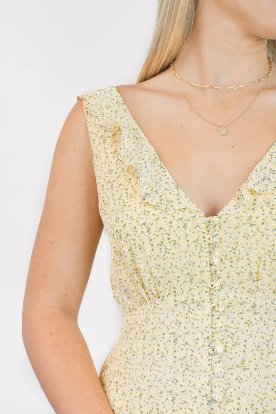 Among the Brave Frill Seeker Golden Ditsy Fleck Georgette Button Front Ruffle Neck Midi Dress