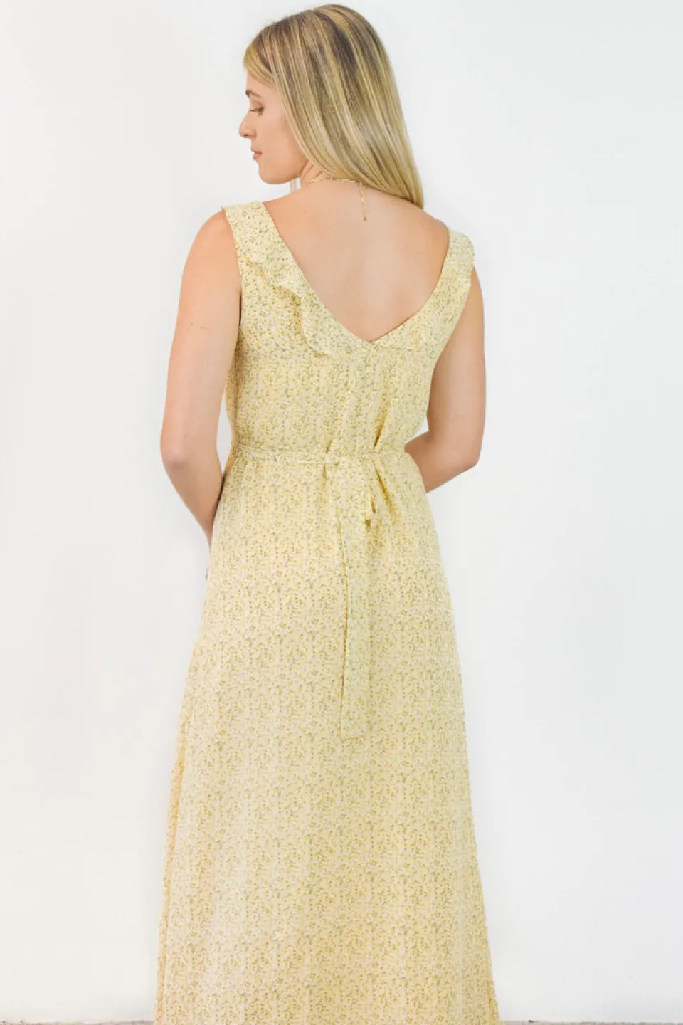 Among the Brave Frill Seeker Golden Ditsy Fleck Georgette Button Front Ruffle Neck Midi Dress