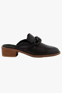Walnut Gabriel Black Leather Mule with Chain Detail