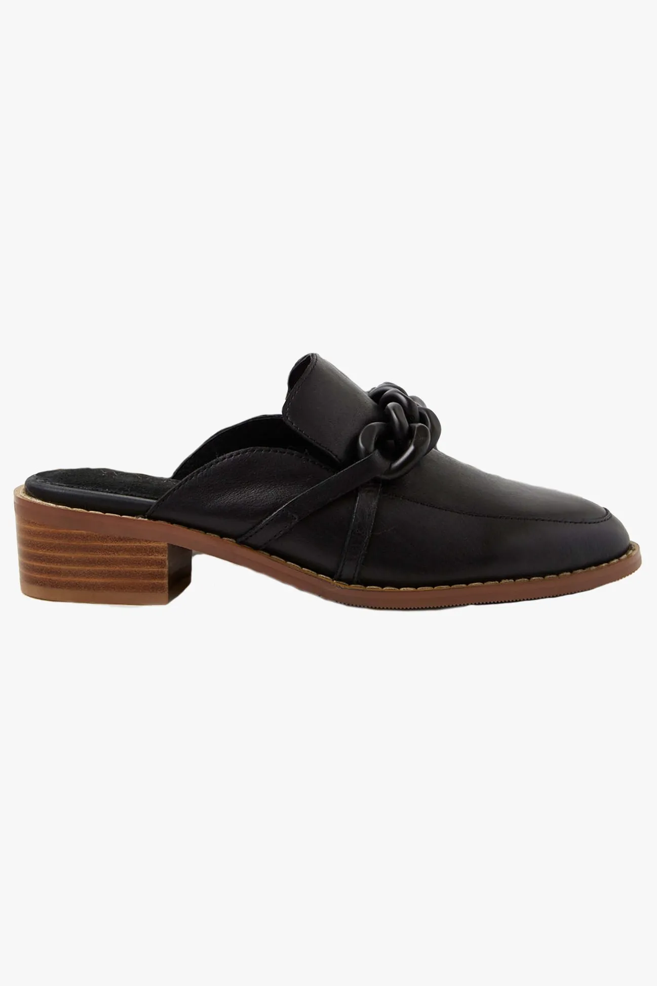 Walnut Gabriel Black Leather Mule with Chain Detail