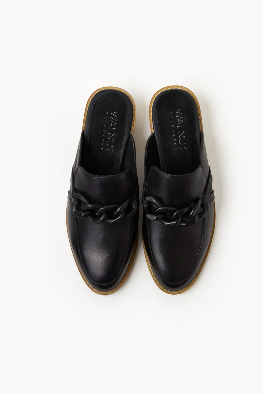 Walnut Gabriel Black Leather Mule with Chain Detail