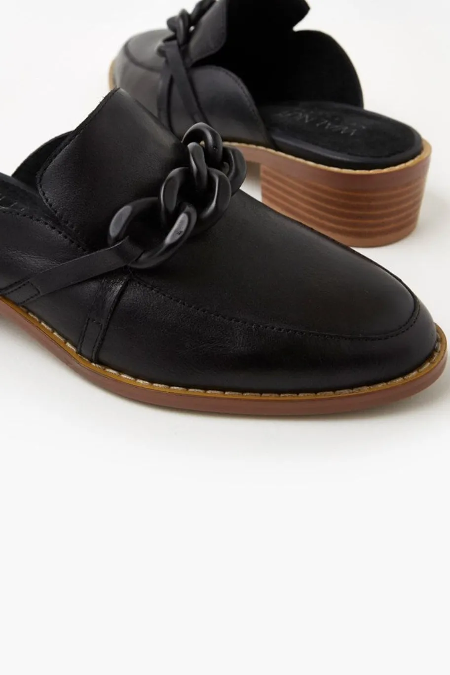 Walnut Gabriel Black Leather Mule with Chain Detail