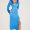 Mink Pink Gaia Blue LS Satin Maxi Dress