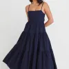 Among the Brave Galaxy Navy Linen Tie Back Tiered Strappy Maxi Dress