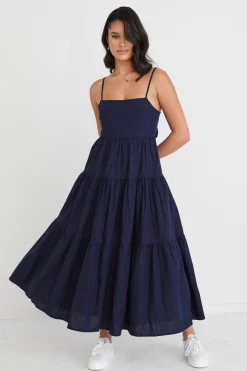 Among the Brave Galaxy Navy Linen Tie Back Tiered Strappy Maxi Dress
