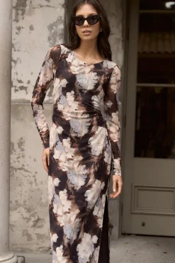 Among the Brave Gallery Sepia Floral Mesh LS Maxi Dress